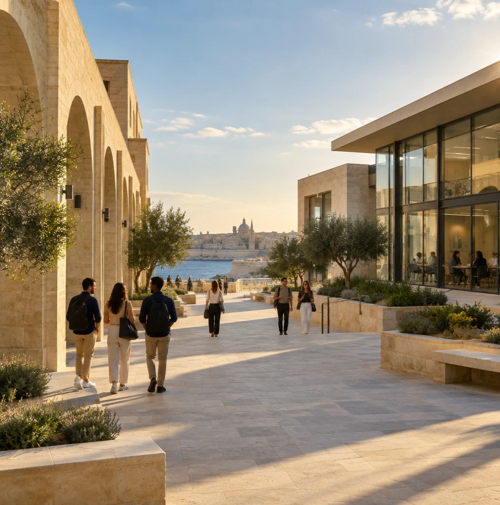 Illustration of a welcoming limestone campus overlooking the sea in Malta